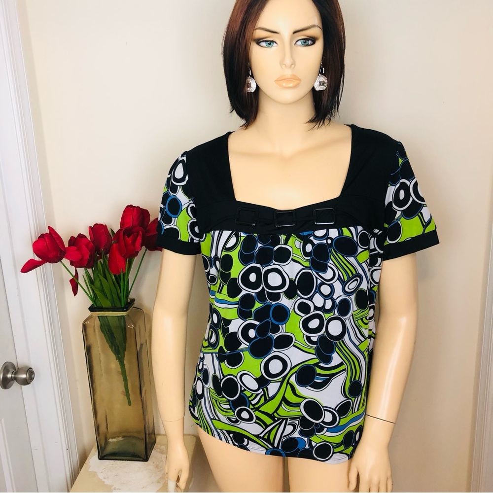 VINTAGE Y2K Geometric Circles Green Black Blue Short Sleeve Blouse Extra Top XL